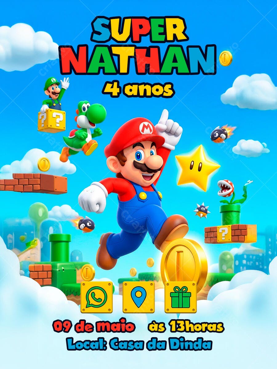 Convite Aniversário Super Mario Bros Infantil PSD Editável