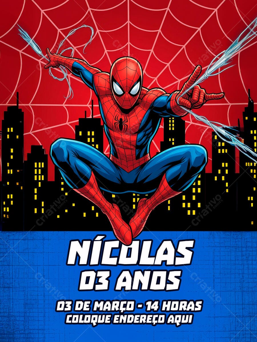 Convite Homem Aranha Aniversário Infantil PSD Editável