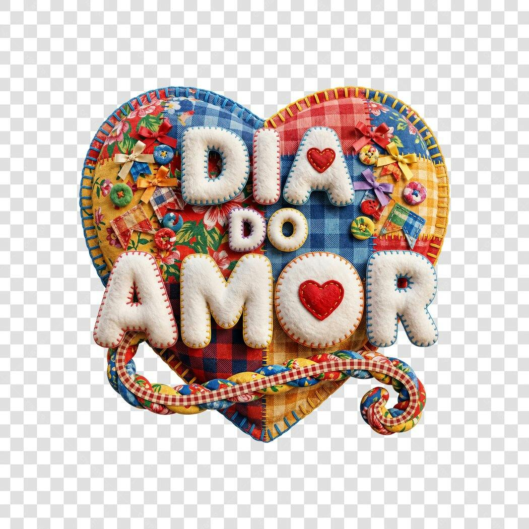 Elemento 3D Coração Dia do Amor Retalhos Junino PNG Fundo Transparente