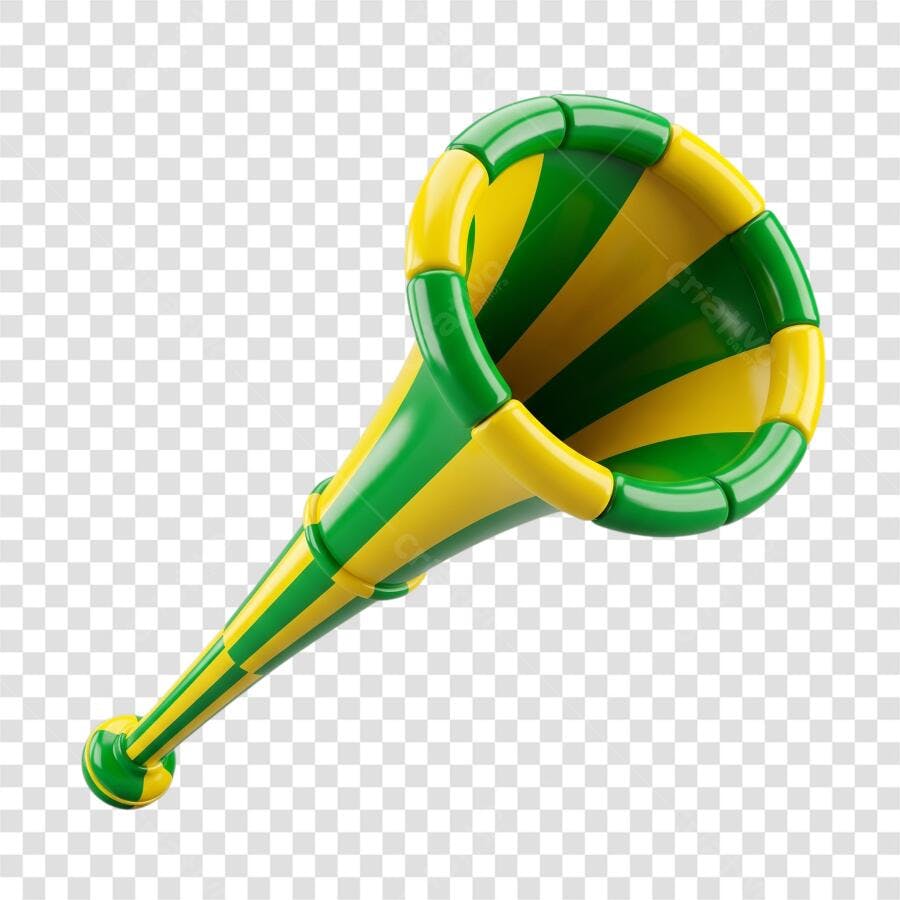 Elemento 3D Vuvuzela Brasil Verde Amarelo PNG Fundo Transparente