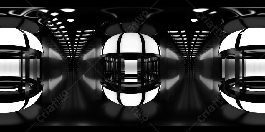 Foto Abstrata 3D Esferas Iluminadas Túnel Futurista Preto e Branco