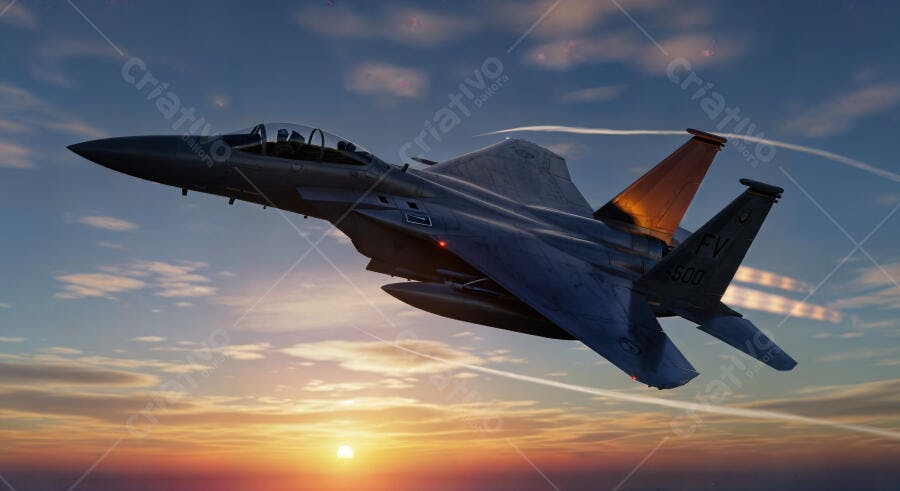 Foto Avião Caça F-15 Voando Céu Pôr do Sol Militar