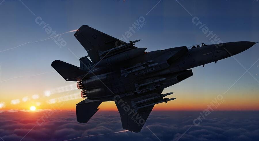 Foto Avião Caça F-15 Voando Céu Pôr do Sol Nuvens