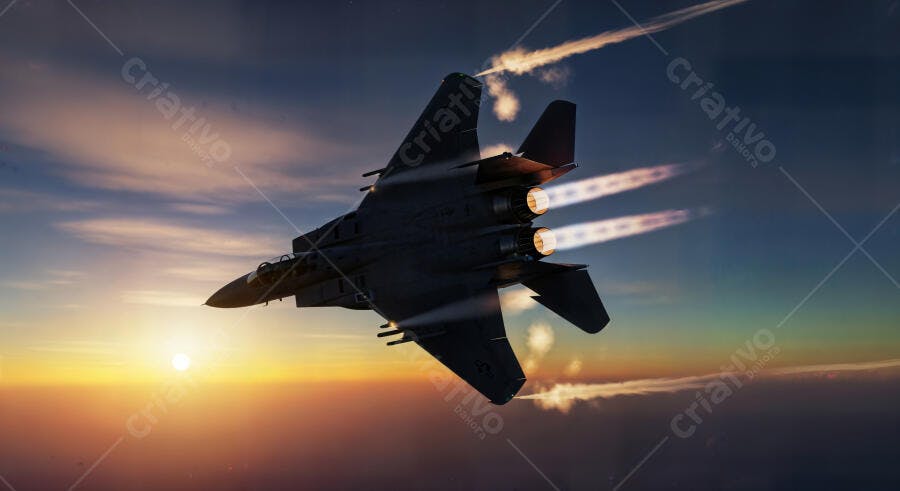 Foto Avião Caça Jato Militar Voando Céu Pôr do Sol