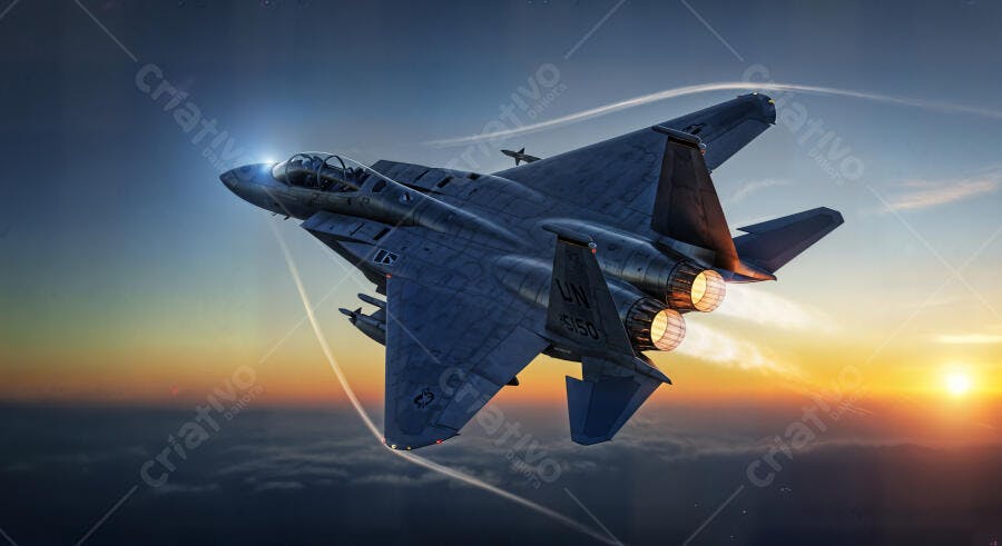 Foto Avião Caça Jato Militar Voando Céu Pôr do Sol