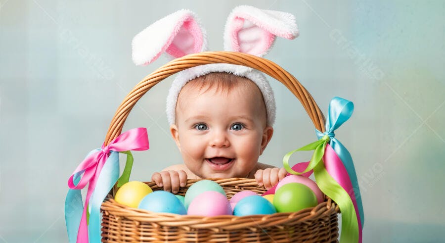 Foto Bebê Sorrindo Orelhas de Coelho Cesta de Páscoa Colorida