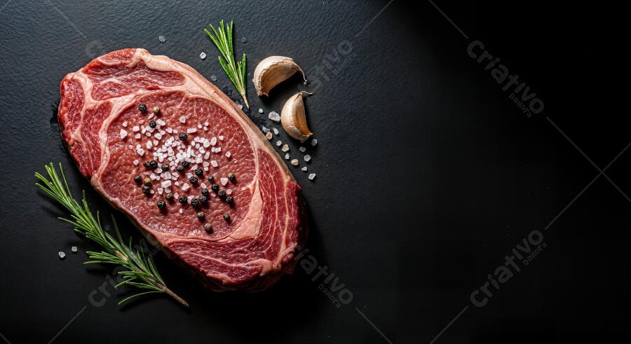 Foto Bife de Chorizo Cru Temperado Alecrim Alho Fundo Escuro