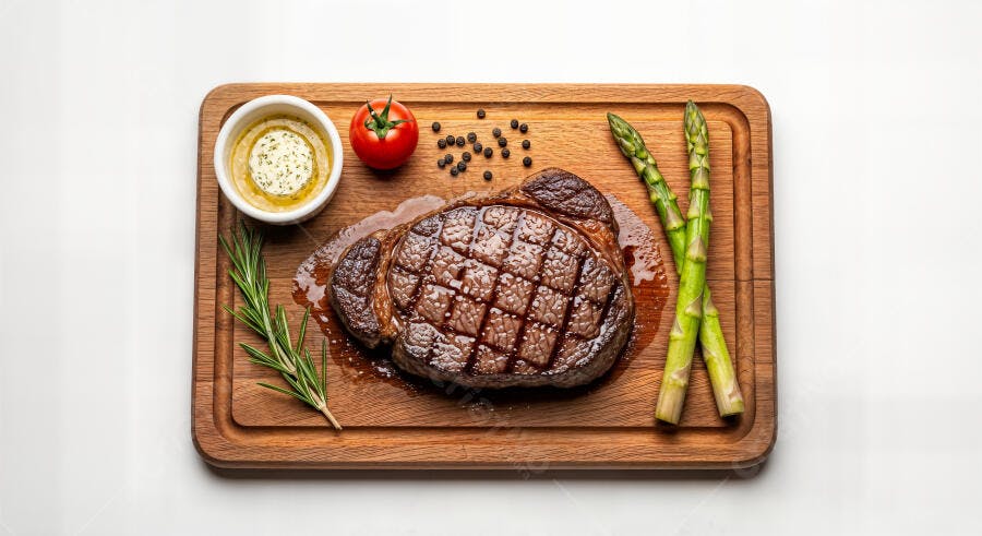 Foto Bife Grelhado Aspargos Alecrim Prato de Madeira