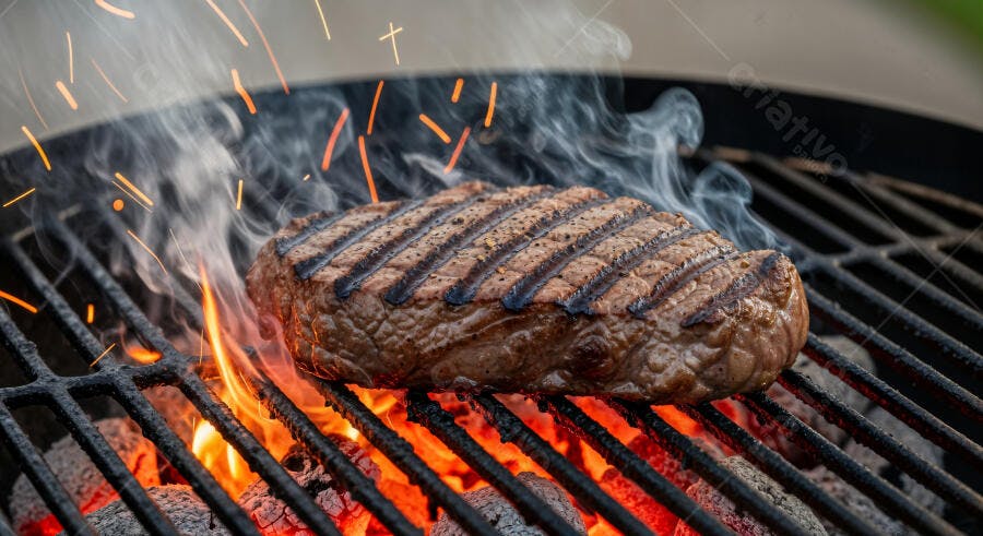 Foto Bife Grelhando Churrasqueira Carvão Fogo Fumaça