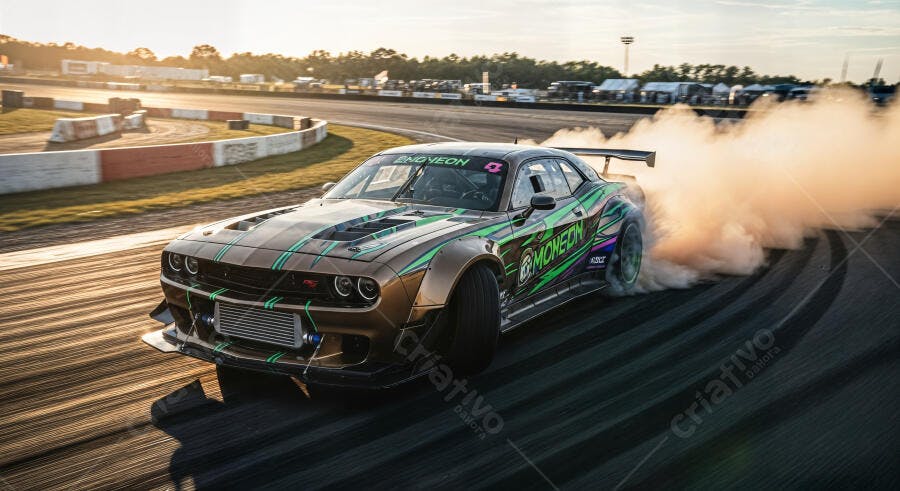 Foto Carro Drift Dourado Verde Fumaça Pista Corrida