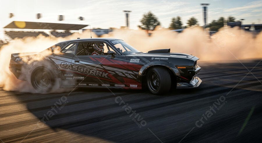 Foto Carro Drift Muscle Car Queimando Pneu Pista de Corrida