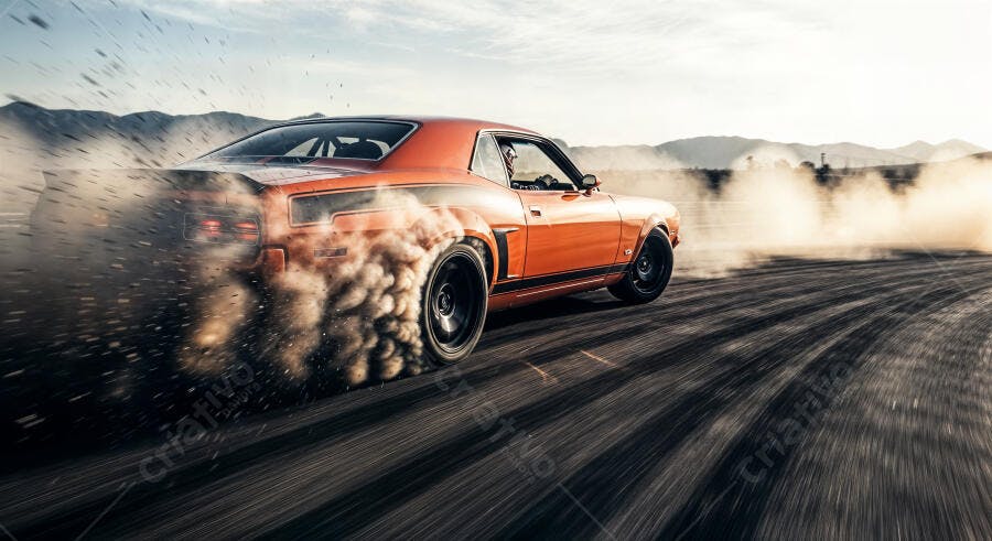 Foto Carro Esportivo Laranja Fazendo Drift na Pista de Corrida