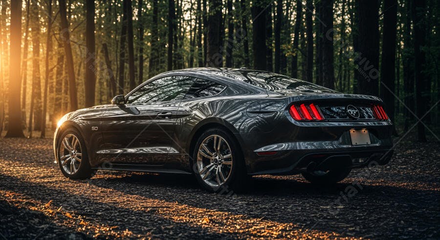 Foto Carro Esportivo Mustang Cinza Floresta Pôr do Sol