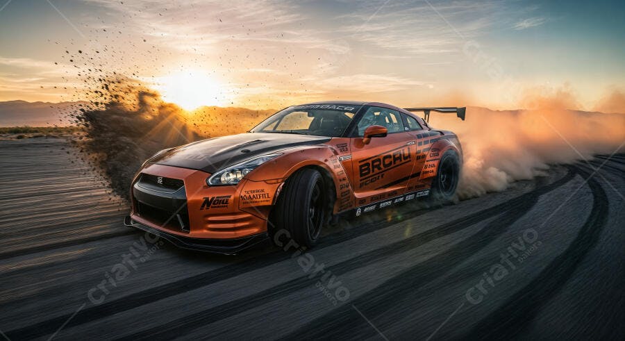 Foto Carro Esportivo Nissan GT-R Laranja Derrapando Pista Deserto