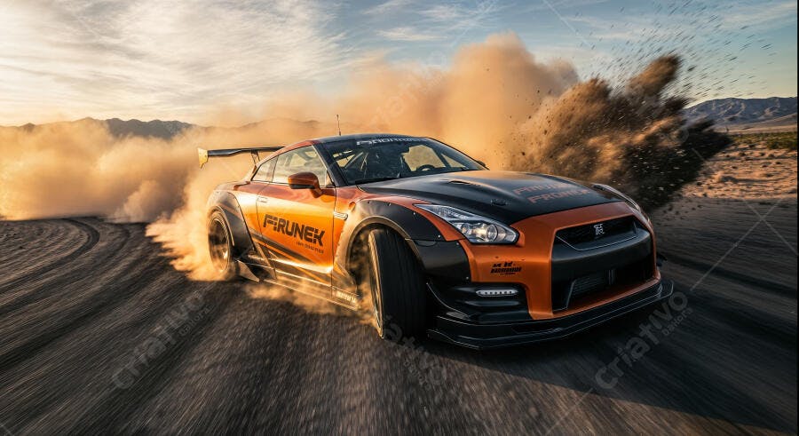 Foto Carro Esportivo Nissan GTR Laranja Fazendo Drift na Terra