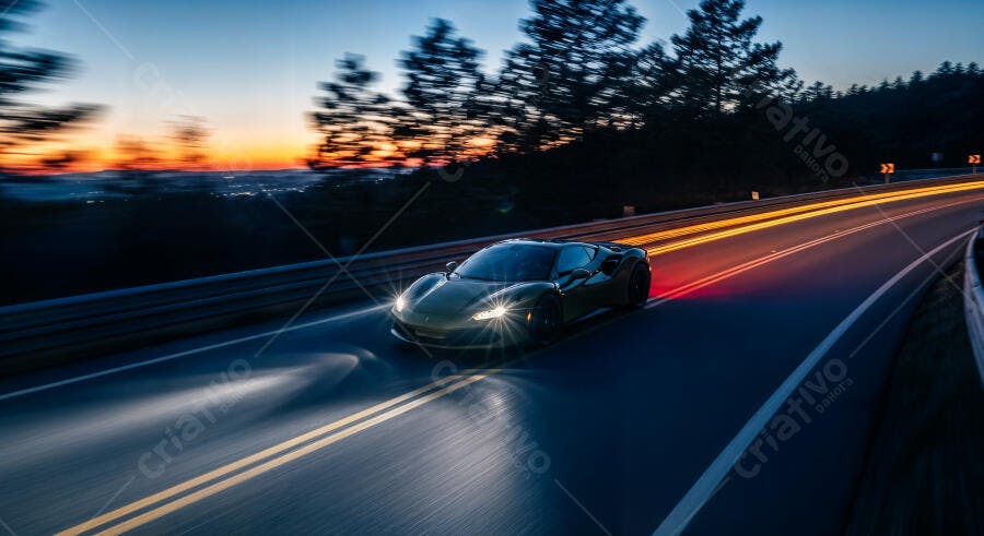 Foto Carro Esportivo Veloz Estrada Curva Pôr do Sol
