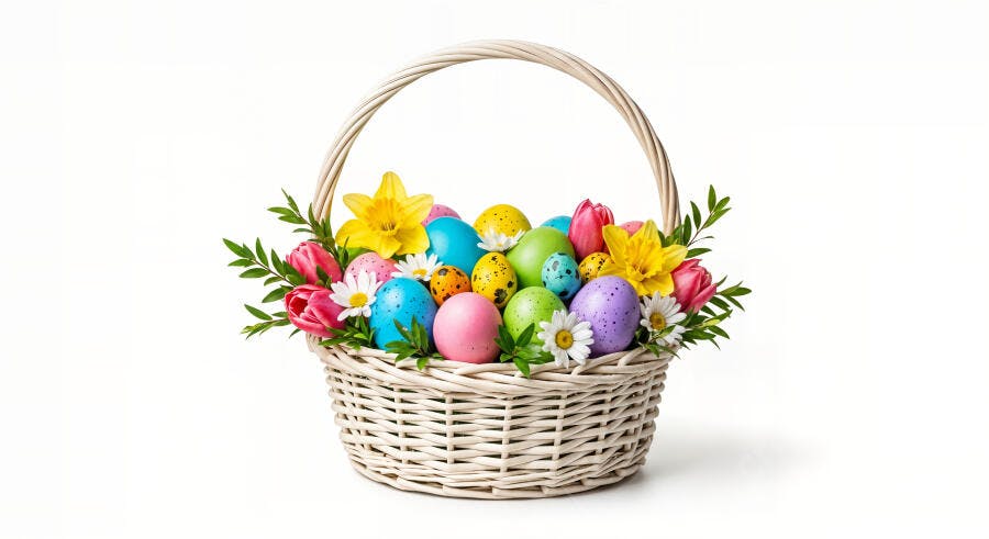 Foto Cesta de Páscoa Ovos Coloridos e Flores Fundo Branco