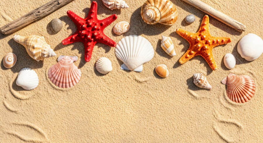 Foto Conchas Estrelas do Mar Areia Praia Verão Fundo