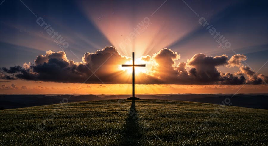 Foto Cruz Religiosa Silhueta Pôr do Sol Campo Verde Montanhas