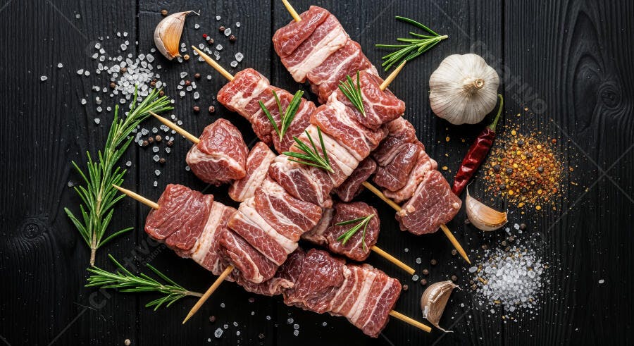 Foto Espetinhos Carne Crua Temperos Fundo Escuro
