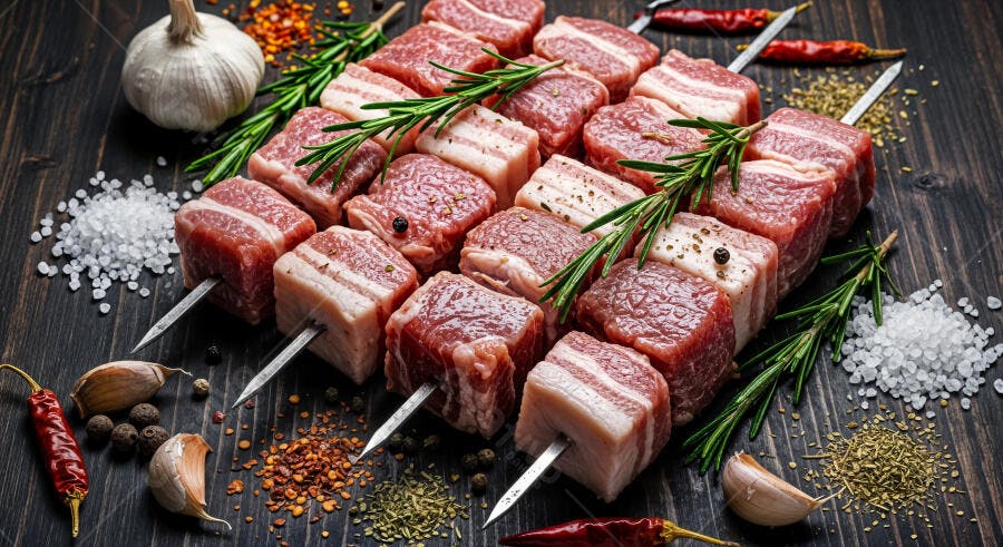 Foto Espetinhos de Carne Crua com Alecrim e Temperos Mesa Rústica