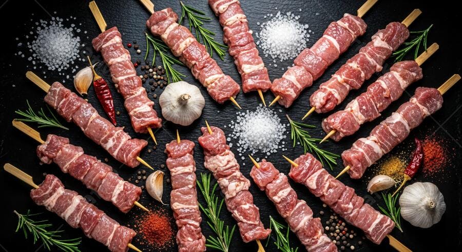 Foto Espetinhos de Carne Crua Temperos Fundo Escuro