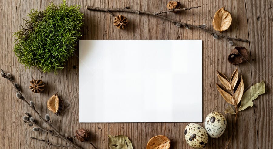 Foto Flat Lay Cartão Branco Decoração Natural Madeira