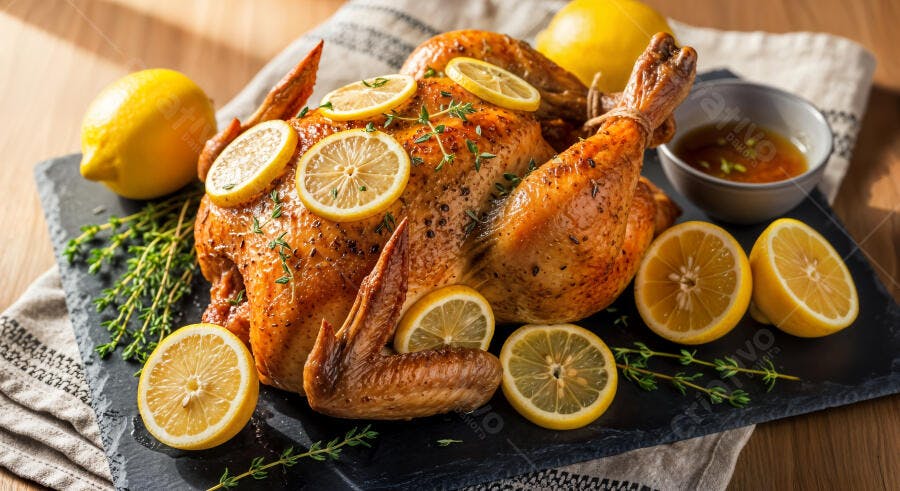 Foto Frango Assado Inteiro Limão Ervas Frescas