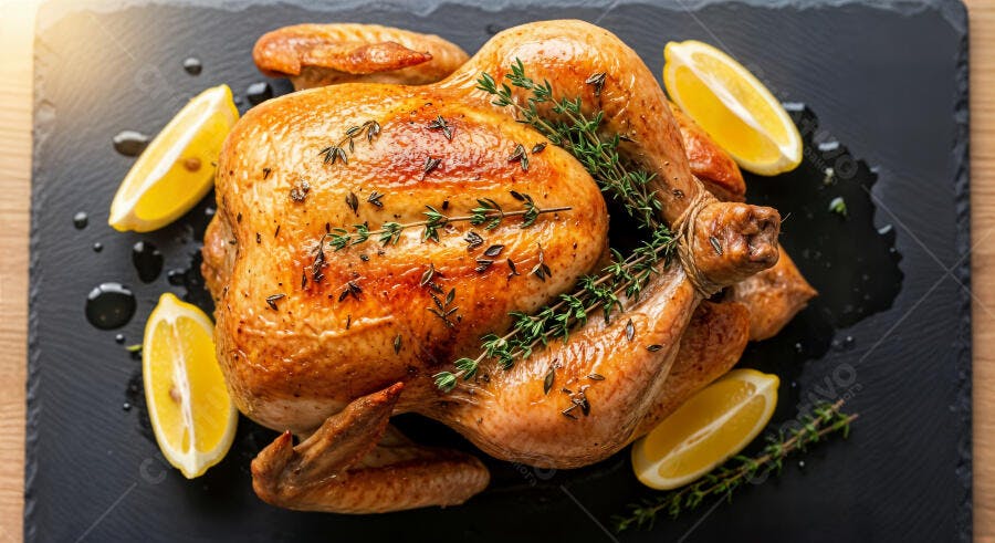 Foto Frango Assado Inteiro Limão Ervas Fundo Escuro