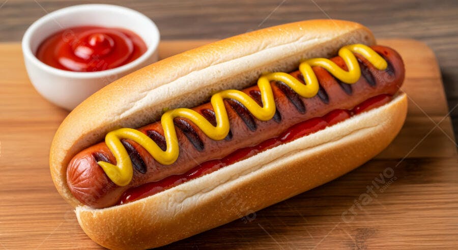 Foto Hot Dog Grelhado Mostarda Ketchup Tábua de Madeira
