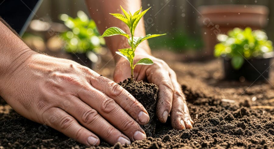 Foto Mãos Plantando Muda de Planta na Terra Jardim