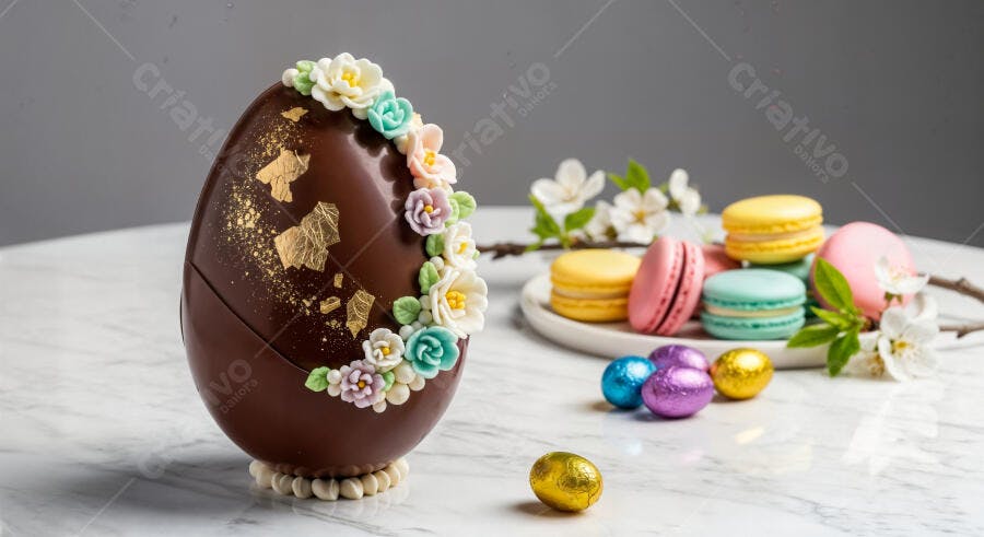 Foto Ovo de Páscoa Chocolate Gourmet Flores Macarons