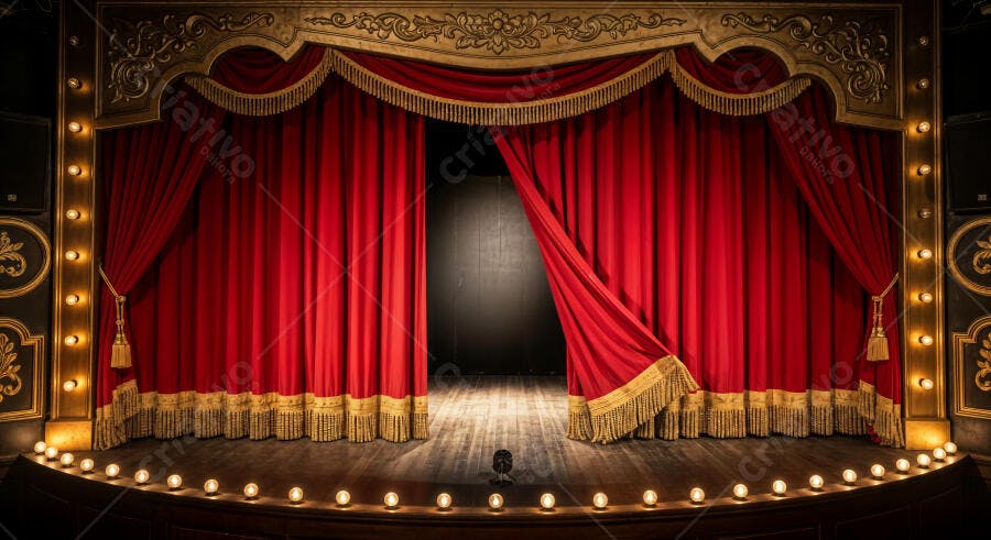 Foto Palco de Teatro com Cortinas Vermelhas e Iluminação Cênica