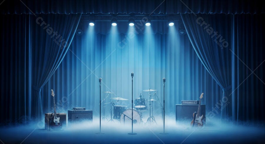Foto Palco Vazio Iluminado Luzes Azuis Fumaça Show Musical