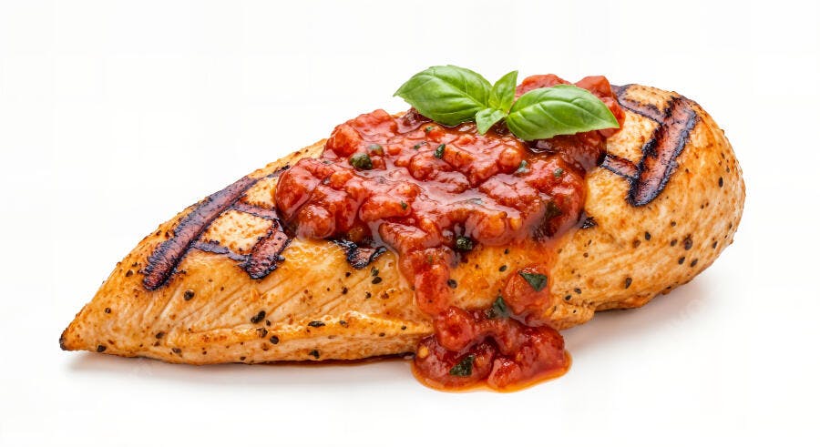 Foto Peito de Frango Grelhado Molho Tomate Manjericão Fundo Branco