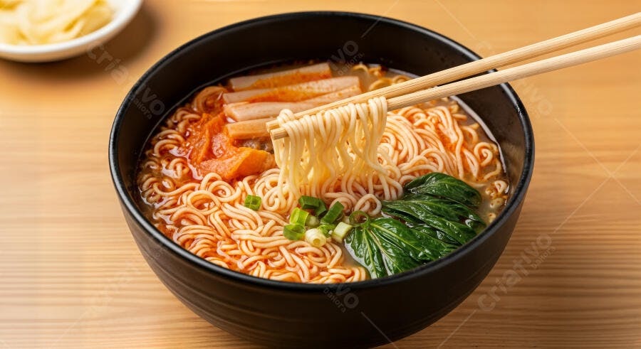 Foto Ramen Coreano Macarrão Instantâneo com Hashi Tigela Preta