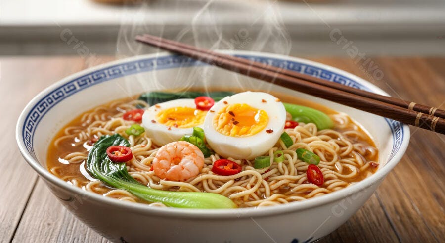 Foto Ramen Quente com Camarão Ovo e Bok Choy Oriental