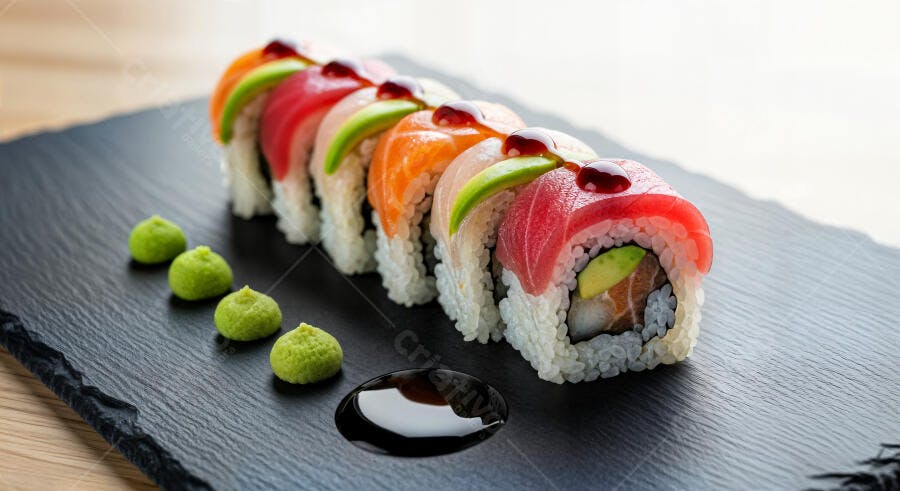 Foto Sushi Rainbow Roll Wasabi Molho Shoyu Restaurante