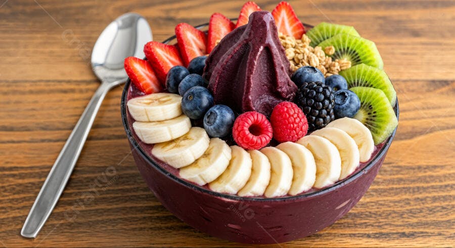 Foto Tigela de Açaí com Frutas e Granola Mesa Madeira