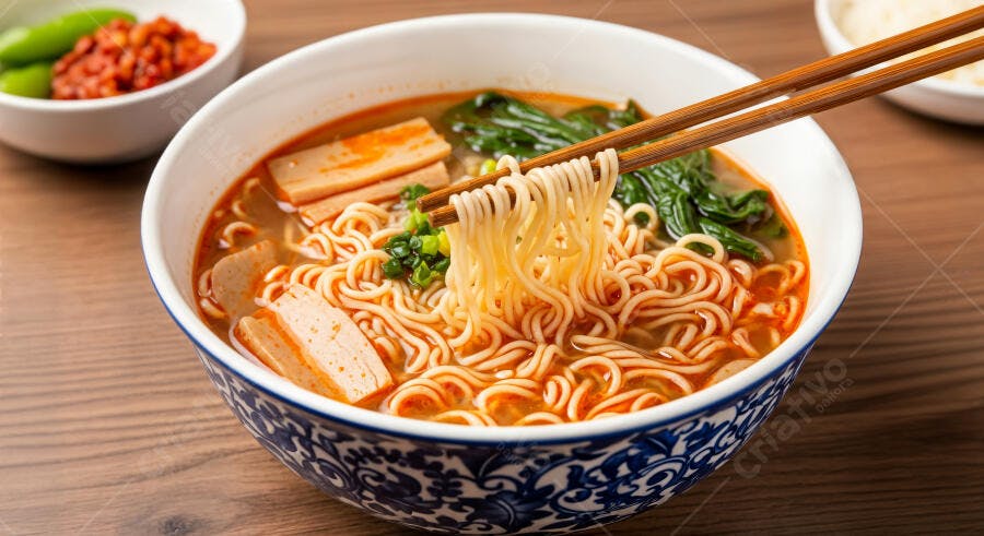 Foto Tigela de Lámen Ramen Oriental com Hashi Comida Asiática