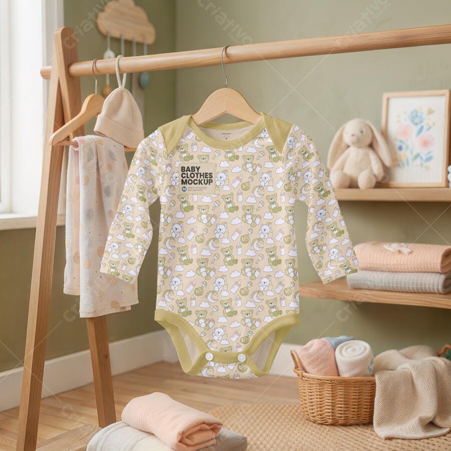 Mockup Body Bebê Manga Longa Cabide Quarto Infantil Editável