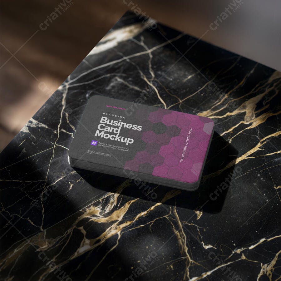 Mockup Cartão Visita Mesa Mármore Preto Vista Superior Editável