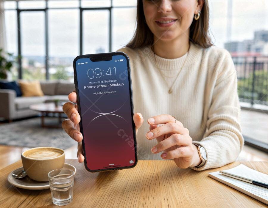 Mockup iPhone Mãos Segurando Tela Celular Lifestyle Editável