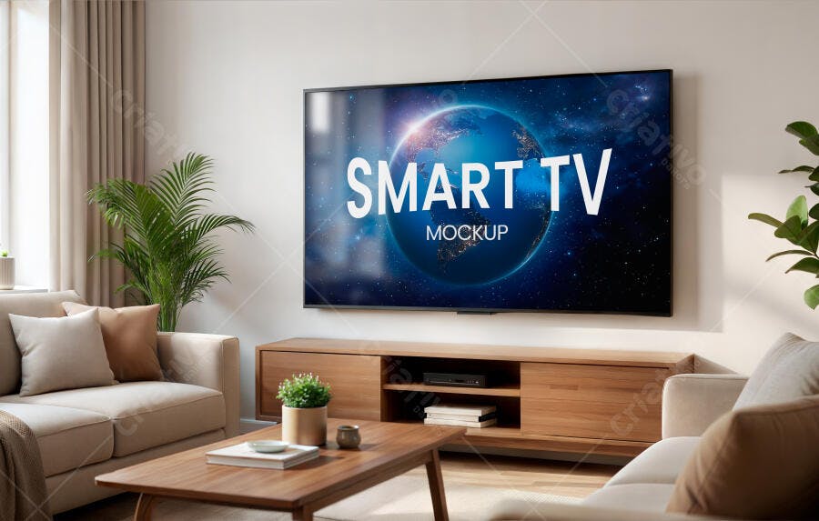 Mockup Smart TV Sala de Estar Moderna Editável
