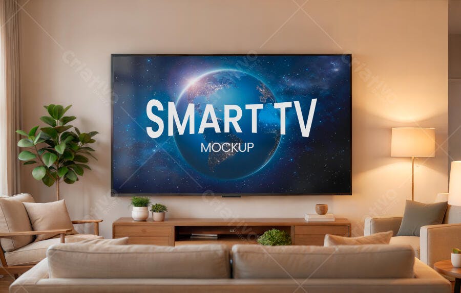 Mockup Smart TV Tela Grande Sala Estar Editável