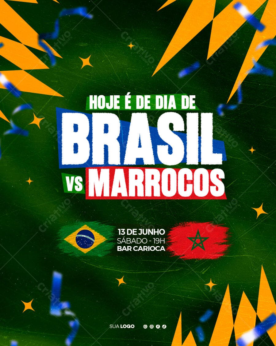 Post Instagram Brasil vs Marrocos Futebol Junho PSD Editável