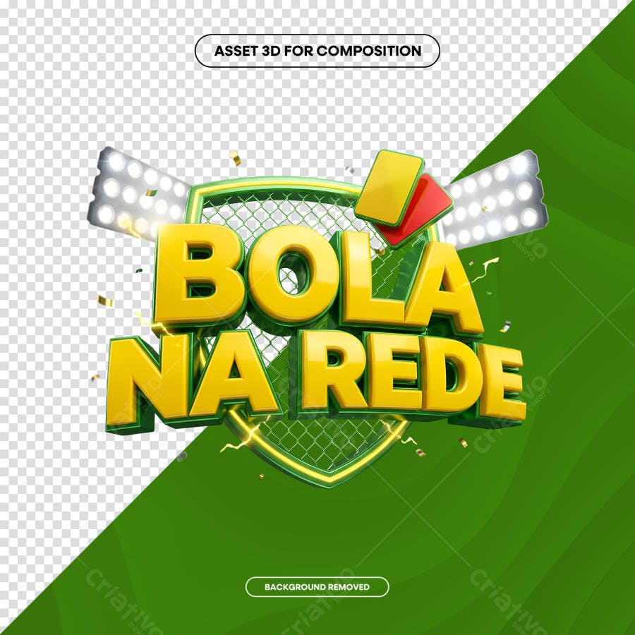 Selo 3D Bola na Rede Futebol Verde Amarelo PNG Transparente