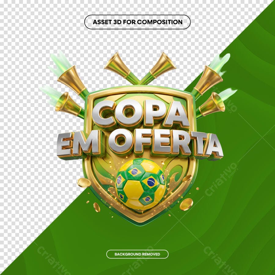 Selo 3D Copa em Oferta Escudo Dourado e Verde PNG Transparente
