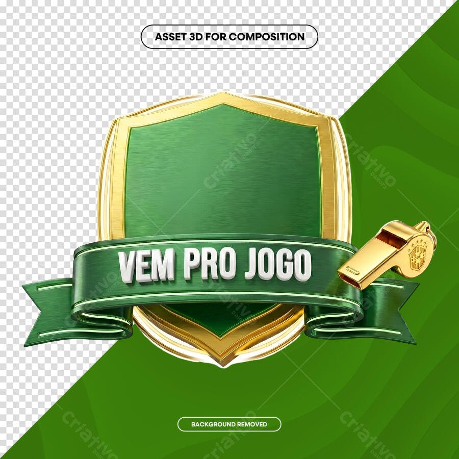 Selo 3D Escudo Futebol Verde Dourado com Apito PNG Transparente