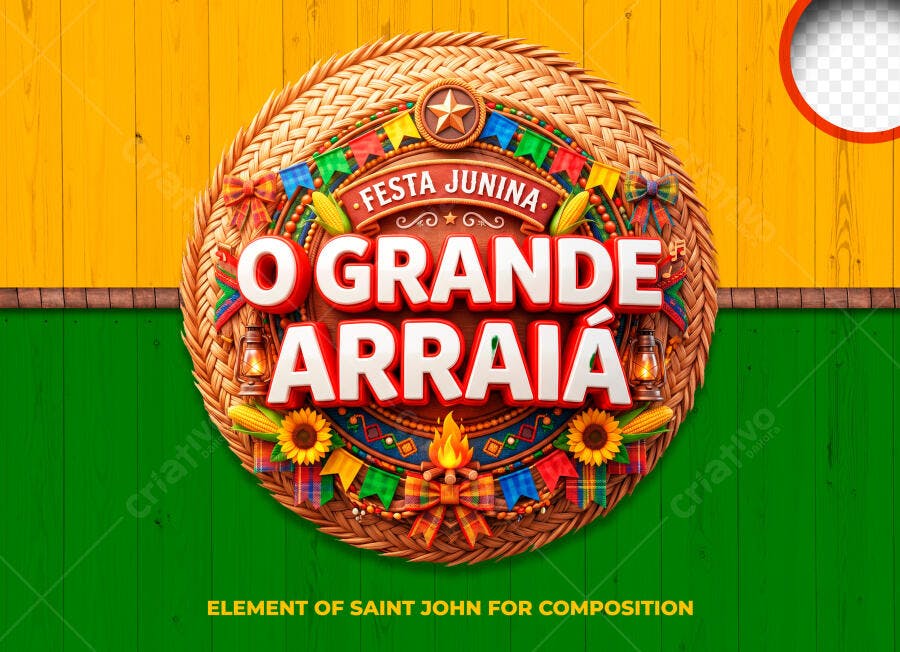 Selo 3D Festa Junina Arraial Chapéu de Palha PNG Transparente
